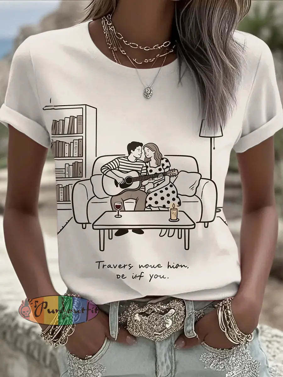 Retro Music Festival Taylor Swift & Travis Kelce Engaged Print Comfortable Casual Cotton Short sleeved T shirt Apricot