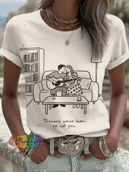 Retro Music Festival Taylor Swift & Travis Kelce Engaged Print Comfortable Casual Cotton Short sleeved T shirt Apricot