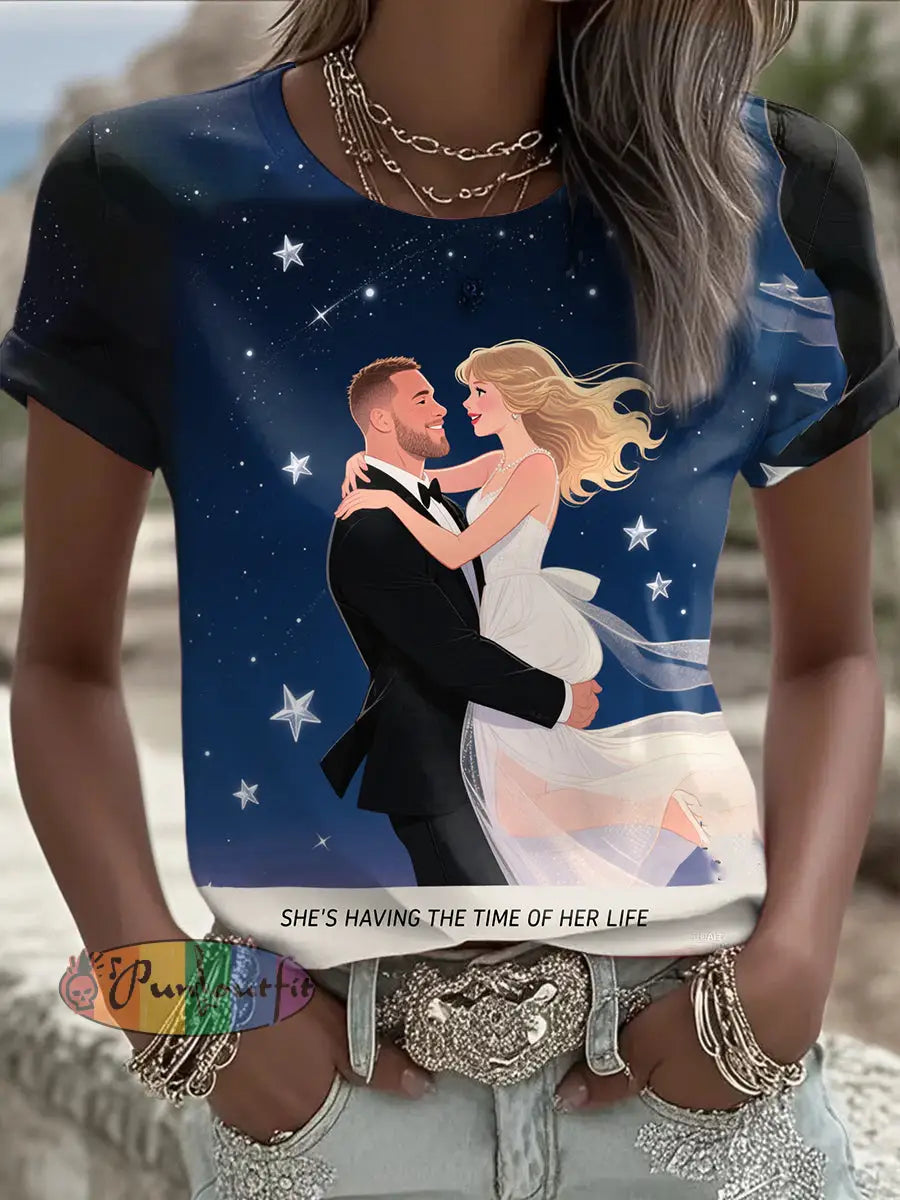 Retro Music Festival Taylor Swift & Travis Kelce Engaged Print Comfortable Casual Cotton Short sleeved T shirt Blue / S