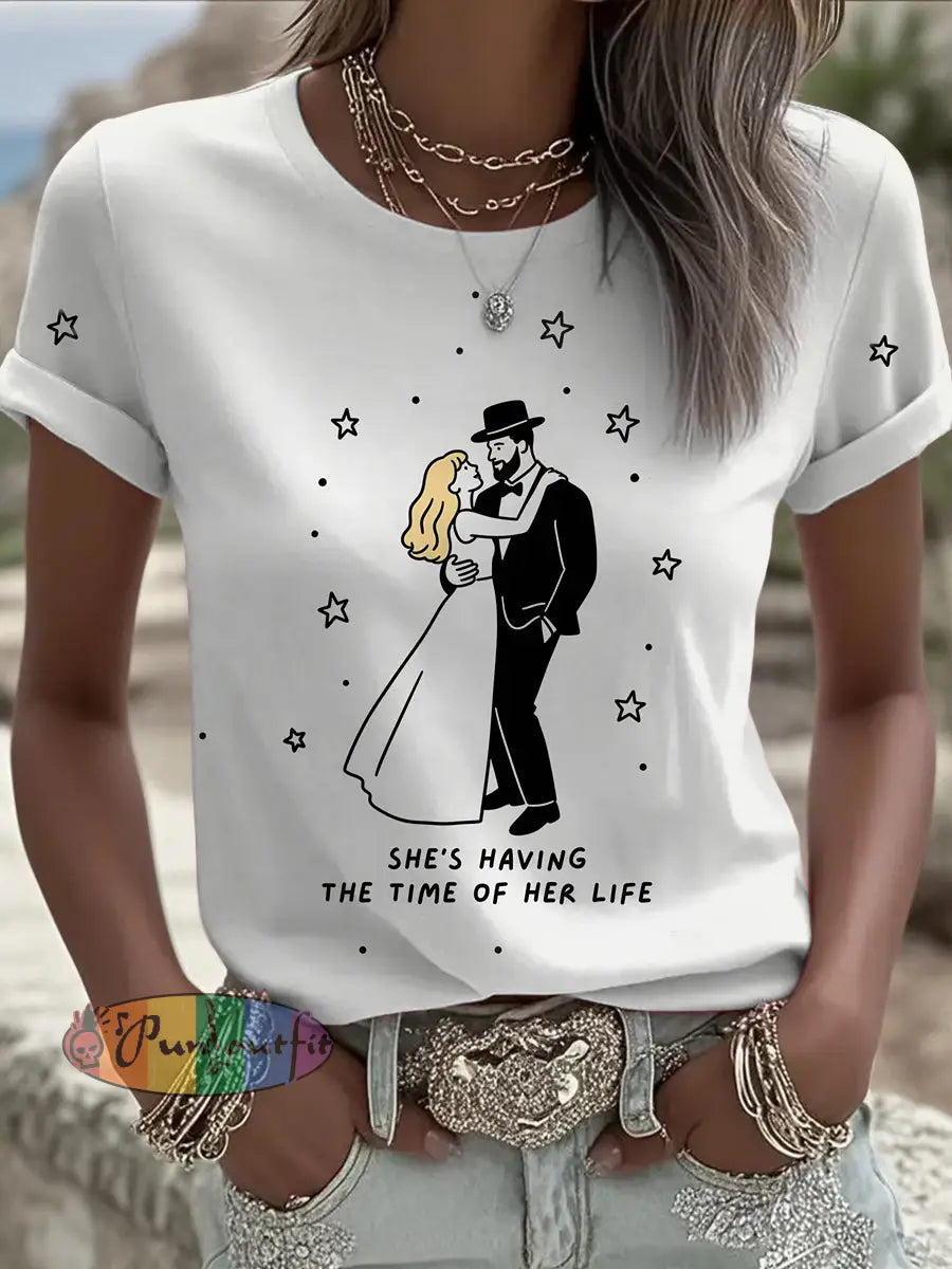 Retro Music Festival Taylor Swift & Travis Kelce Engaged Print Comfortable Casual Cotton Short sleeved T shirt White / S