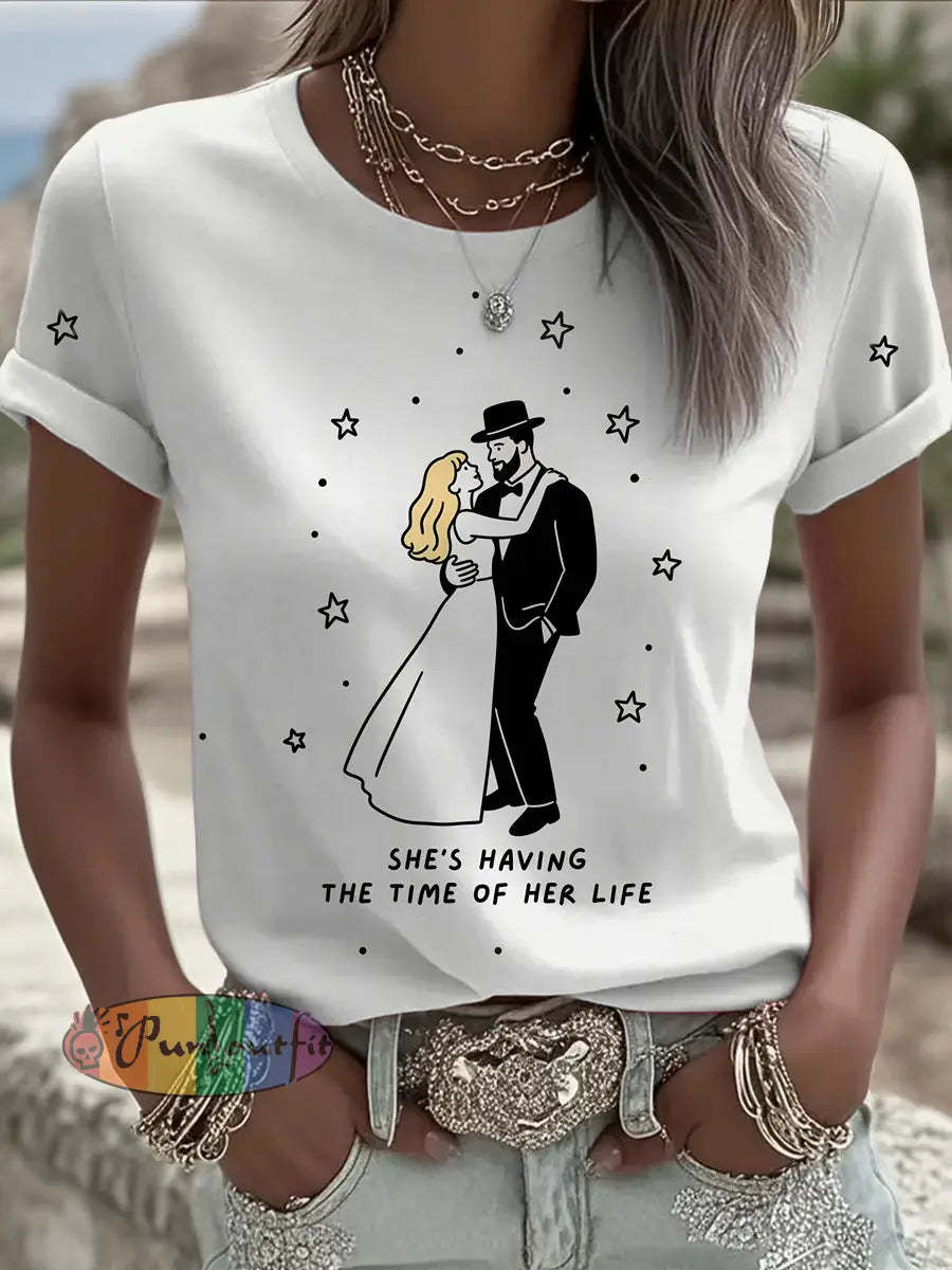 Retro Music Festival Taylor Swift & Travis Kelce Engaged Print Comfortable Casual Cotton Short sleeved T shirt White / S