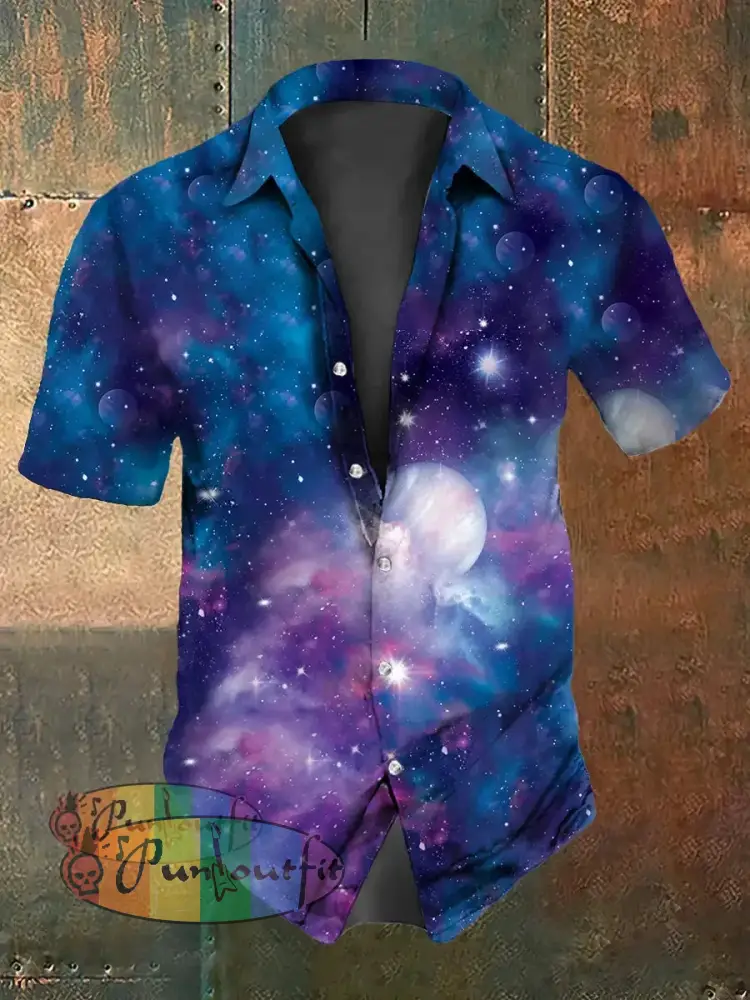 Retro Punk Blue Psychedelic Starry Sky Abstract Print Casual Cotton Short Sleeve Shirt Blue / S