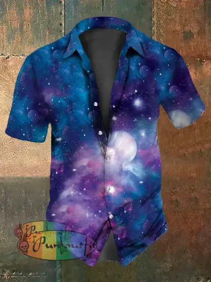 Retro Punk Blue Psychedelic Starry Sky Abstract Print Casual Cotton Short Sleeve Shirt Blue / S