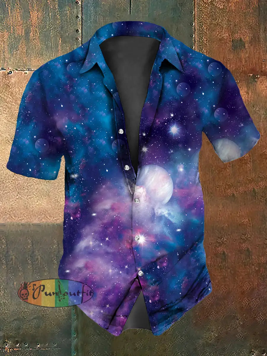 Retro Punk Blue Psychedelic Starry Sky Abstract Print Casual Cotton Short Sleeve Shirt Blue / S