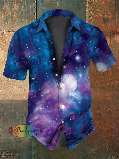 Retro Punk Blue Psychedelic Starry Sky Abstract Print Casual Cotton Short Sleeve Shirt Blue / S