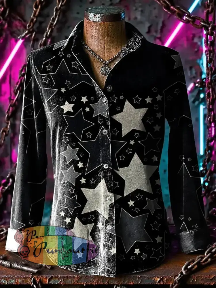 Retro Punk Chaos Star Gradient Abstract Print Casual Long Sleeve Shirt Black / S