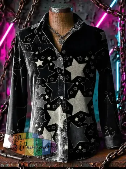 Retro Punk Chaos Star Gradient Abstract Print Casual Long Sleeve Shirt Black / S