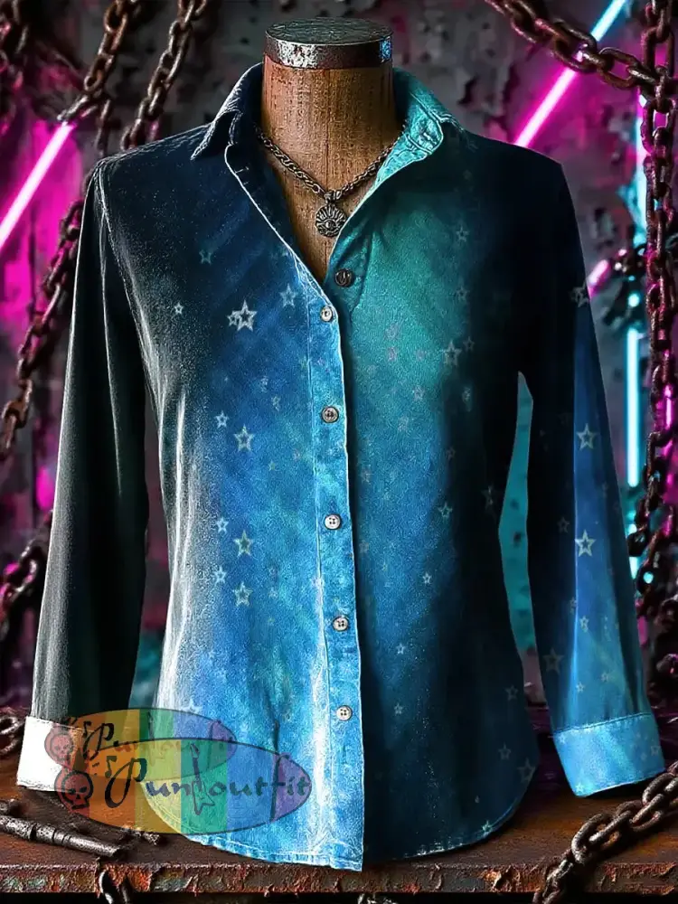 Retro Punk Chaos Star Gradient Lines Abstract Print Casual Long Sleeve Shirt Blue / S