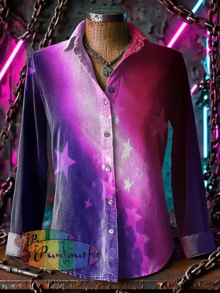 Retro Punk Chaos Star Gradient Multicolor Abstract Print Casual Long Sleeve Shirt Purple / S