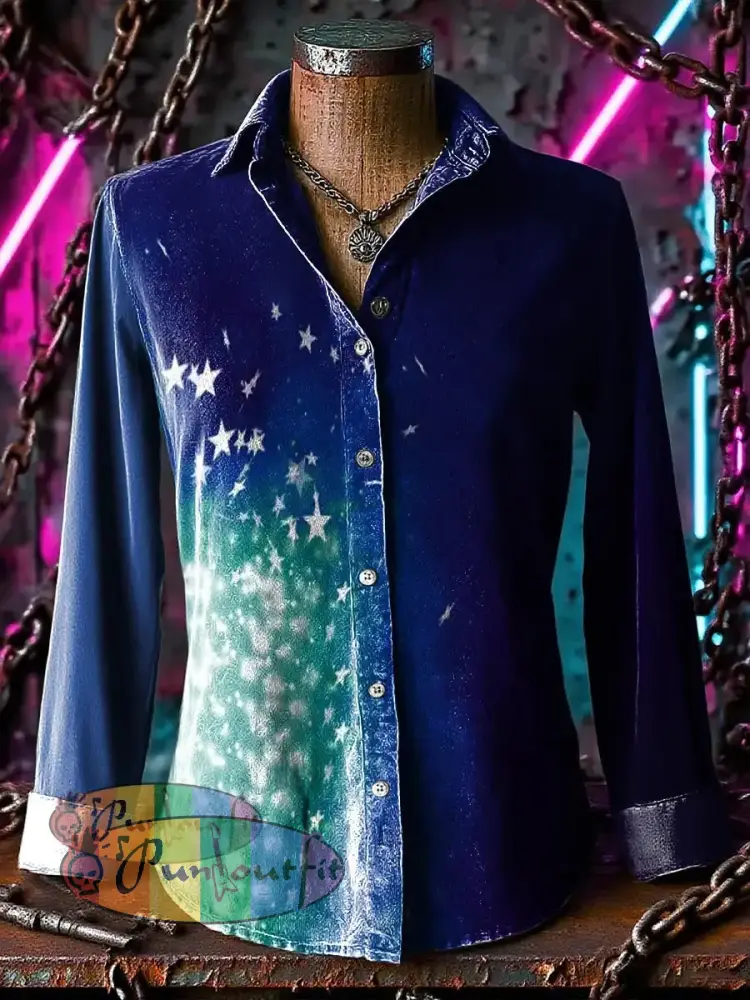 Retro Punk Chaos Stars Colorful Gradient Abstract Print Casual Long Sleeve Shirt Blue / S
