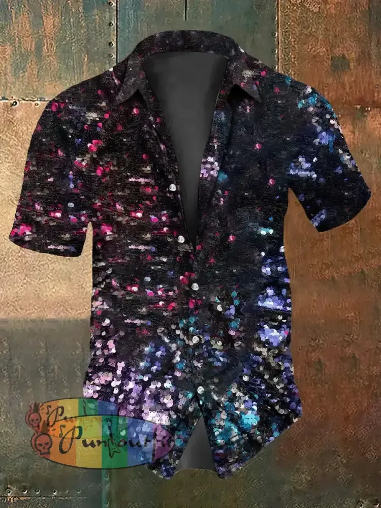 Retro Punk Colorful Sequins Abstract Print Casual Cotton Short Sleeve Shirt Black / S