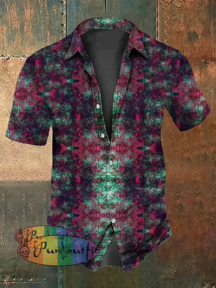 Retro Punk Distressed Multicolored Lines Abstract Print Casual Cotton Short Sleeve Shirt Multicolour / S