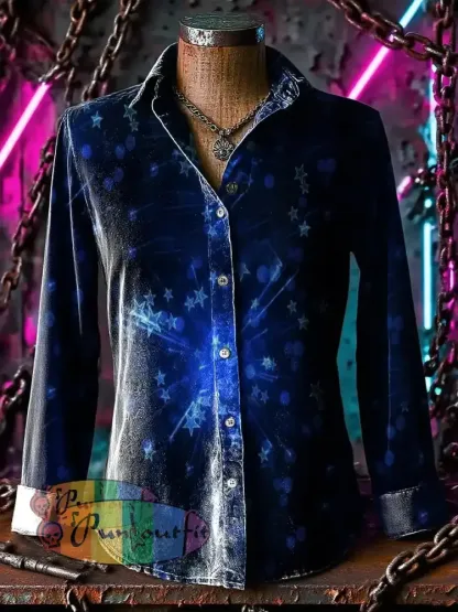 Retro Punk Free Star Gradient Abstract Print Casual Long Sleeve Shirt Blue / S