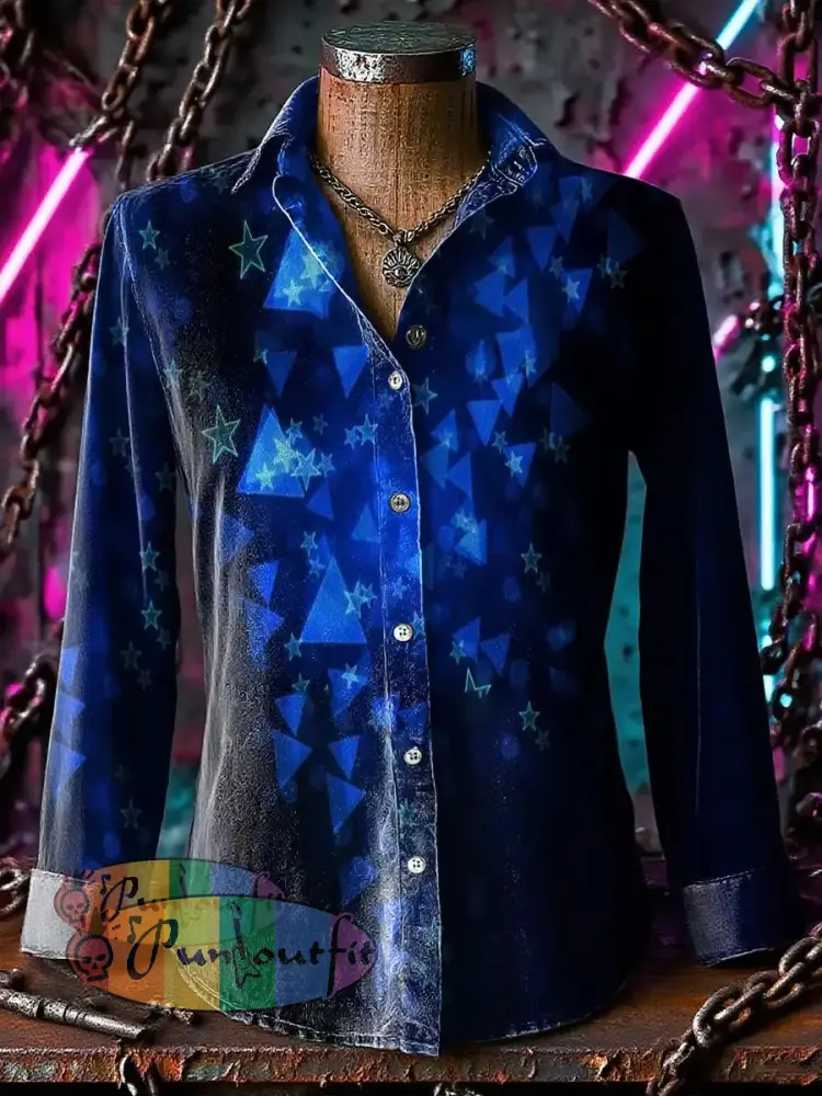 Retro Punk Geometric Chaos Star Gradient Abstract Print Casual Long Sleeve Shirt Blue / S