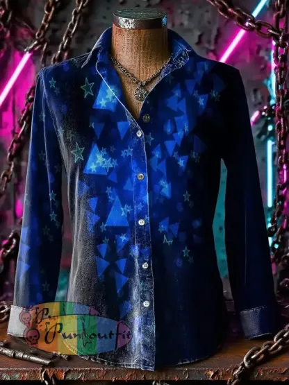 Retro Punk Geometric Chaos Star Gradient Abstract Print Casual Long Sleeve Shirt Blue / S