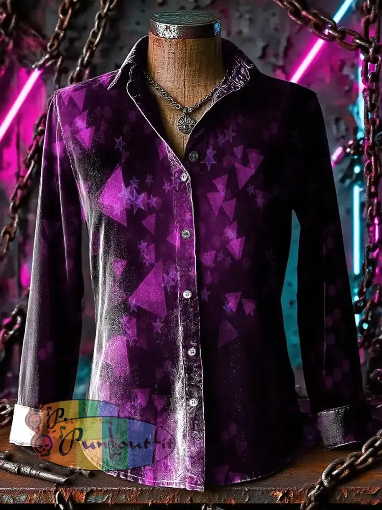 Retro Punk Geometric Chaos Star Gradient Abstract Print Casual Long Sleeve Shirt Purple / S