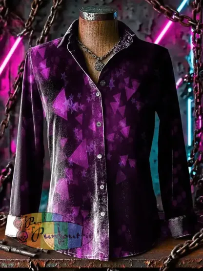 Retro Punk Geometric Chaos Star Gradient Abstract Print Casual Long Sleeve Shirt Purple / S
