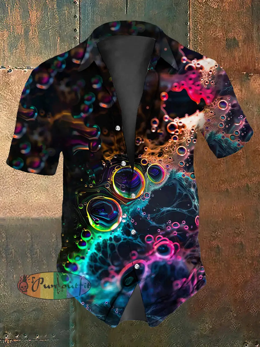 Retro Punk Gothic Stage Multicolored Bubbles Abstract Print Casual Cotton Short Sleeve Shirt As picture / S