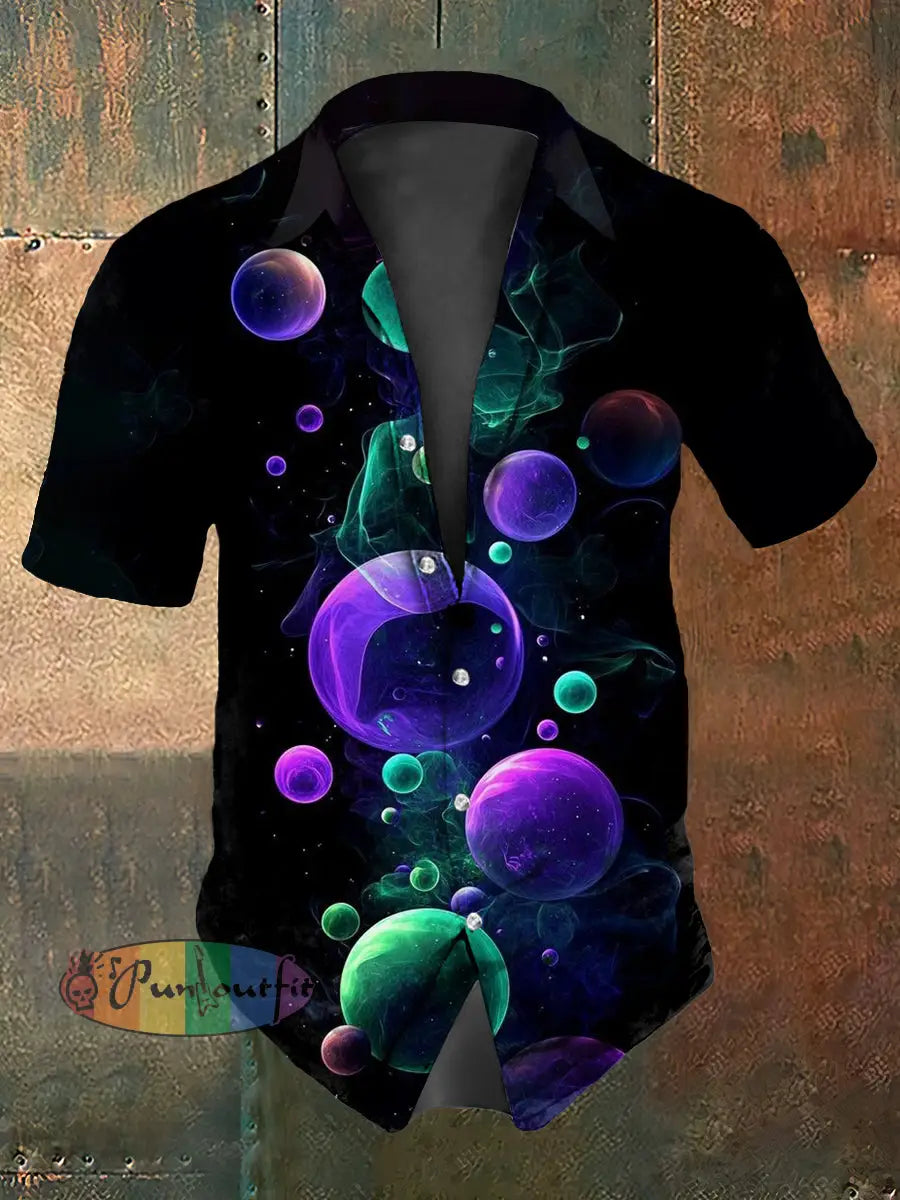 Retro Punk Gothic Stage Multicolored Bubbles Abstract Print Casual Cotton Short Sleeve Shirt As picture / S