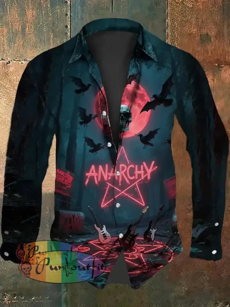 Retro Punk Halloween Gothic Punk Guitar Skull Raven Abstract Print Casual Long Sleeve Shirt Black / S