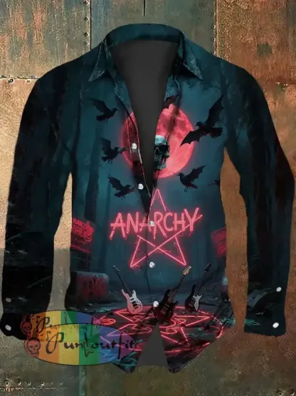 Retro Punk Halloween Gothic Punk Guitar Skull Raven Abstract Print Casual Long Sleeve Shirt Black / S