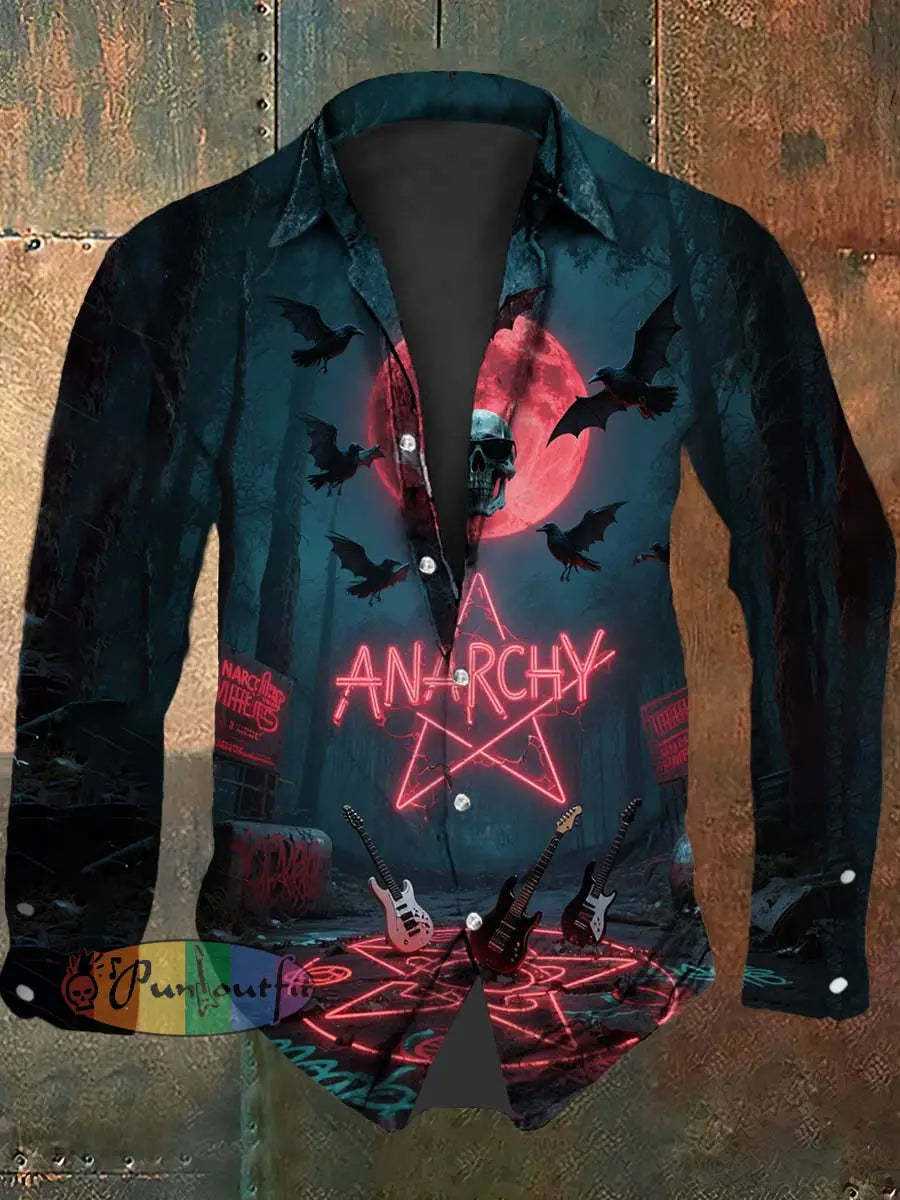 Retro Punk Halloween Gothic Punk Guitar Skull Raven Abstract Print Casual Long Sleeve Shirt Black / S