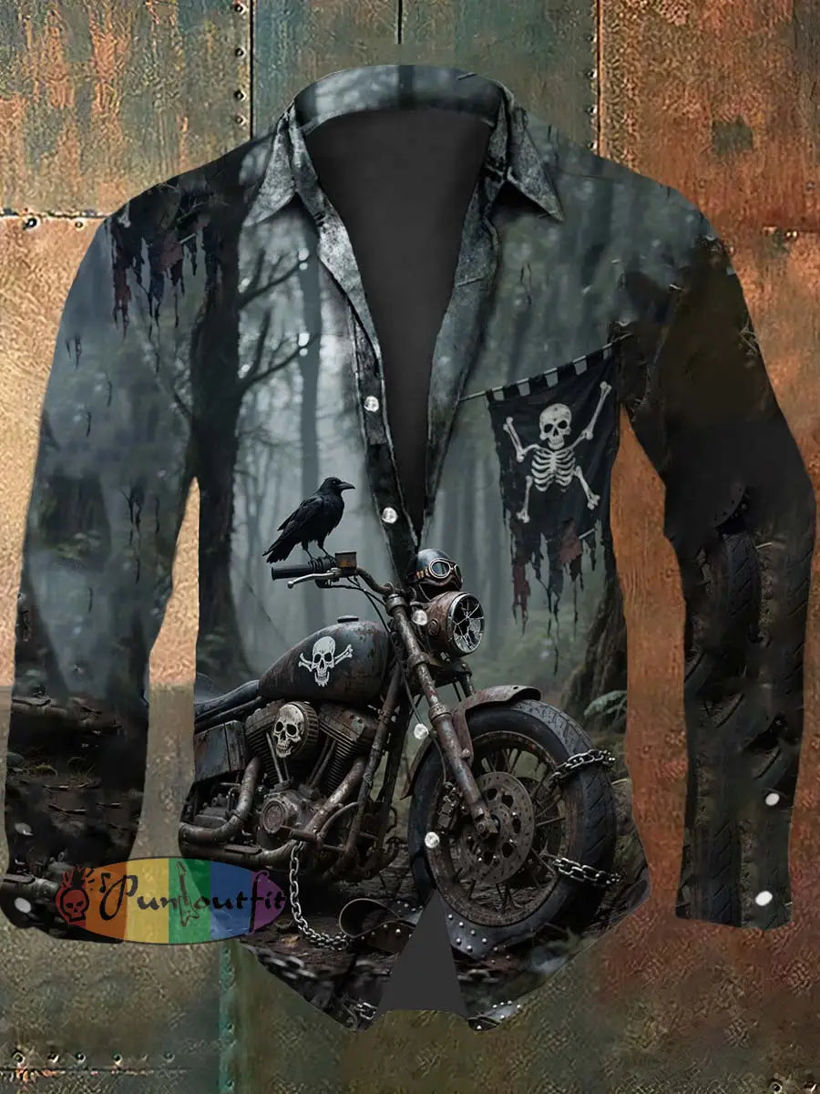 Retro Punk Halloween Gothic Punk Motorcycle Skull Raven Abstract Print Casual Long Sleeve Shirt Gray / S
