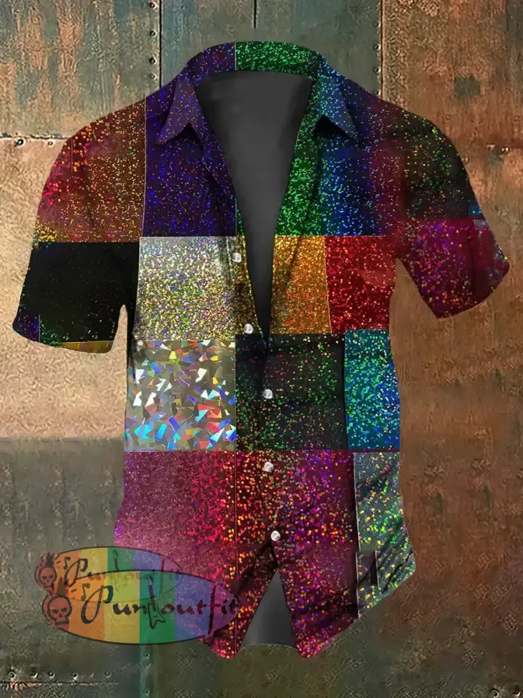 Retro Punk Multicolor Sequined Patchwork Abstract Print Casual Cotton Short Sleeve Shirt Multicolour / S