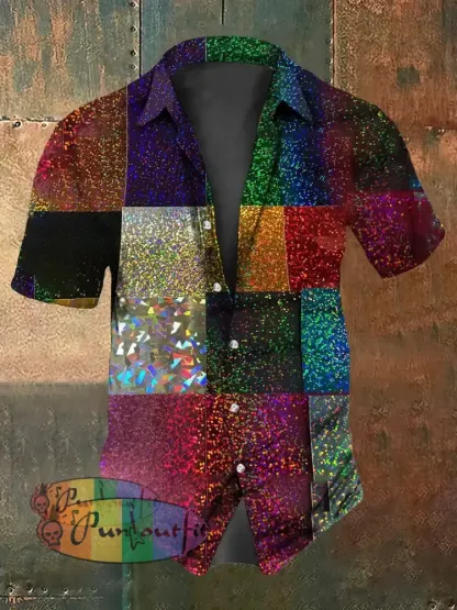 Retro Punk Multicolor Sequined Patchwork Abstract Print Casual Cotton Short Sleeve Shirt Multicolour / S