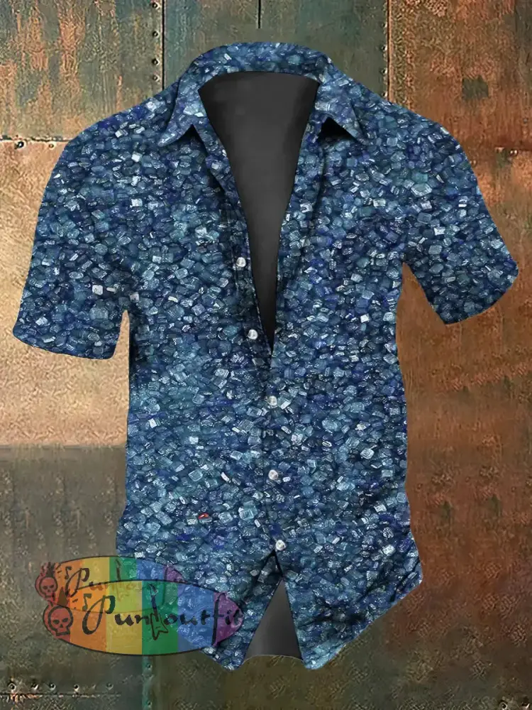 Retro Punk Music Festival Blue Diamond Shards Abstract Print Casual Cotton Short Sleeve Shirt Blue / S