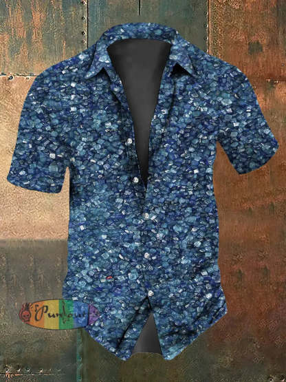 Retro Punk Music Festival Blue Diamond Shards Abstract Print Casual Cotton Short Sleeve Shirt Blue / S