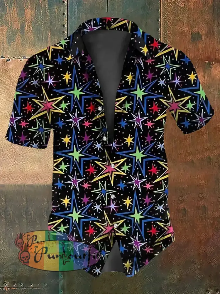 Retro Punk Music Festival Colorful Stars Abstract Print Casual Cotton Short Sleeve Shirt Black / S
