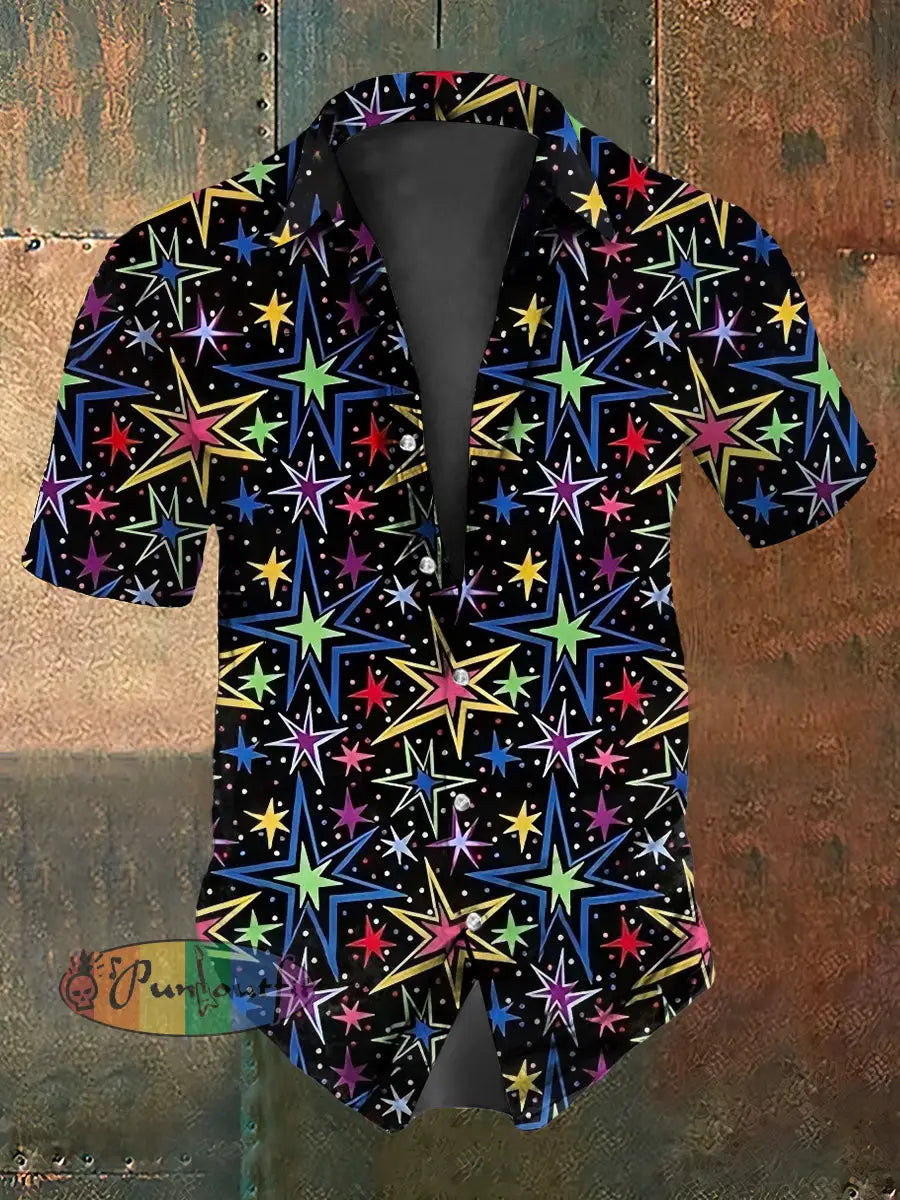 Retro Punk Music Festival Colorful Stars Abstract Print Casual Cotton Short Sleeve Shirt Black / S