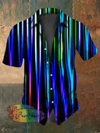 Retro Punk Music Festival Colourful Stripes Abstract Print Casual Cotton Short Sleeve Shirt Blue / S