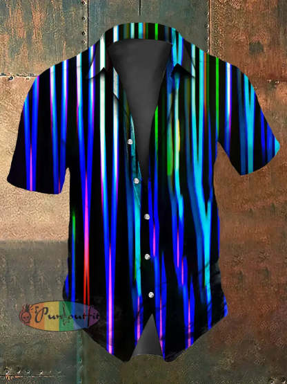 Retro Punk Music Festival Colourful Stripes Abstract Print Casual Cotton Short Sleeve Shirt Blue / S