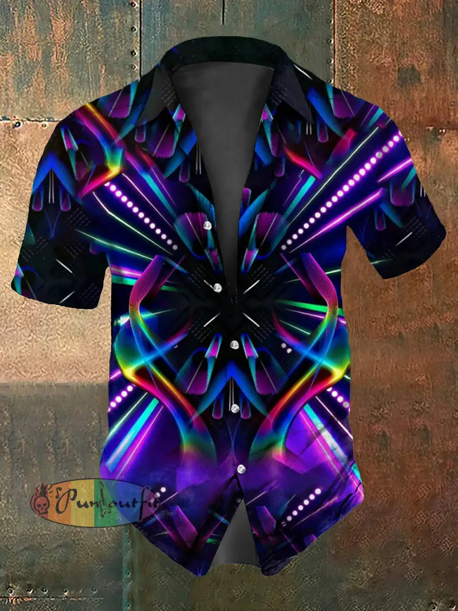 Retro Punk Music Festival Stage Vibrant Lines Abstract Print Casual Cotton Short Sleeve Shirt Purple / S