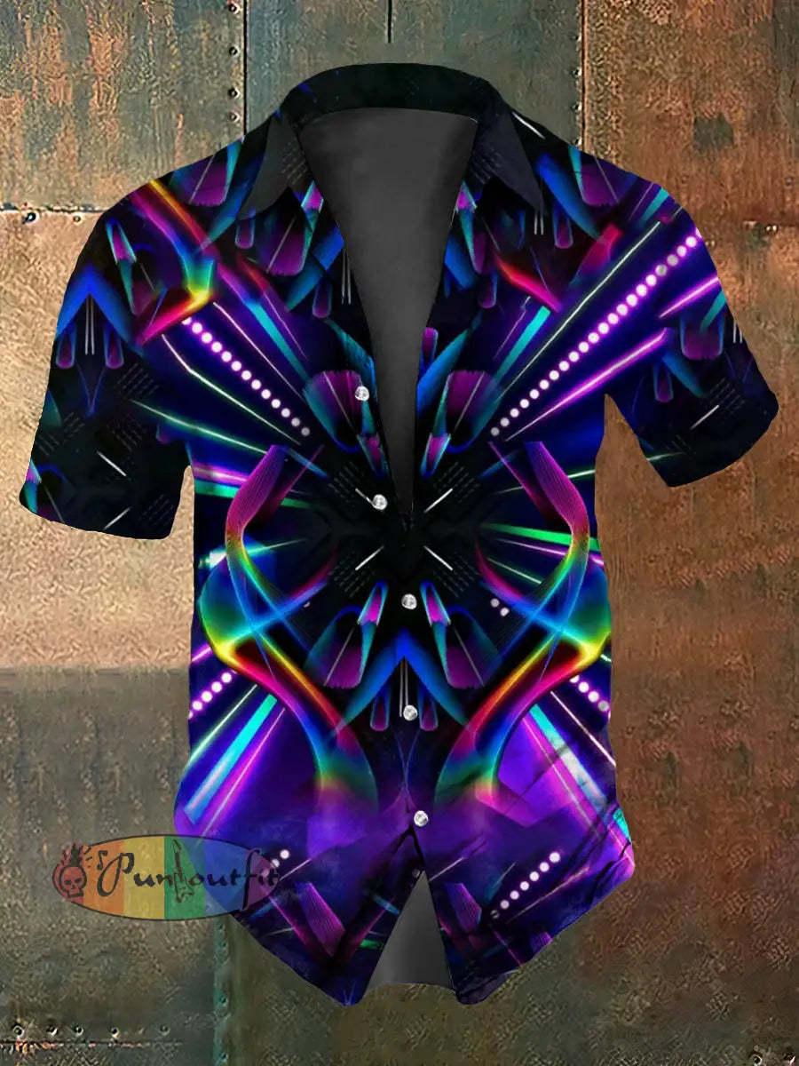 Retro Punk Music Festival Stage Vibrant Lines Abstract Print Casual Cotton Short Sleeve Shirt Purple / S