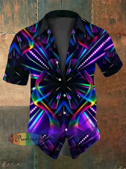 Retro Punk Music Festival Stage Vibrant Lines Abstract Print Casual Cotton Short Sleeve Shirt Purple / S