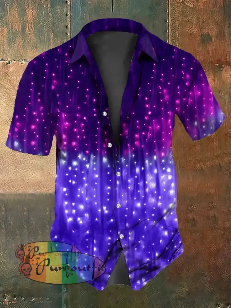 Retro Punk Music Festival Vibrant Gradient Lighting Abstract Print Casual Cotton Short Sleeve Shirt Purple / S