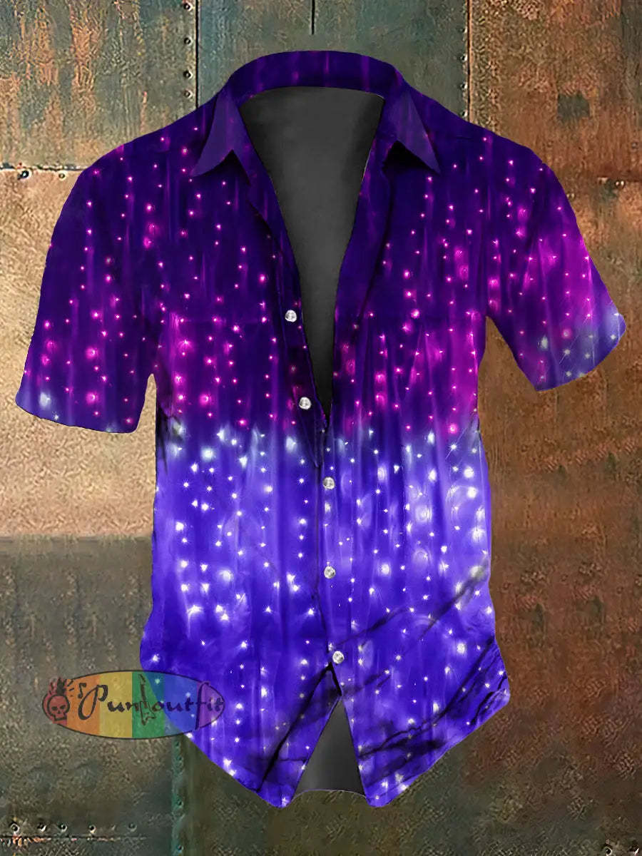 Retro Punk Music Festival Vibrant Gradient Lighting Abstract Print Casual Cotton Short Sleeve Shirt Purple / S