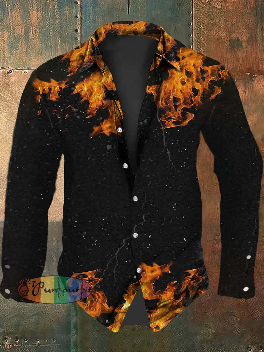 Retro Punk Psychedelic Music Festival Psychedelic Flame Gradient Abstract Print Casual Long Sleeve Shirt Black / S