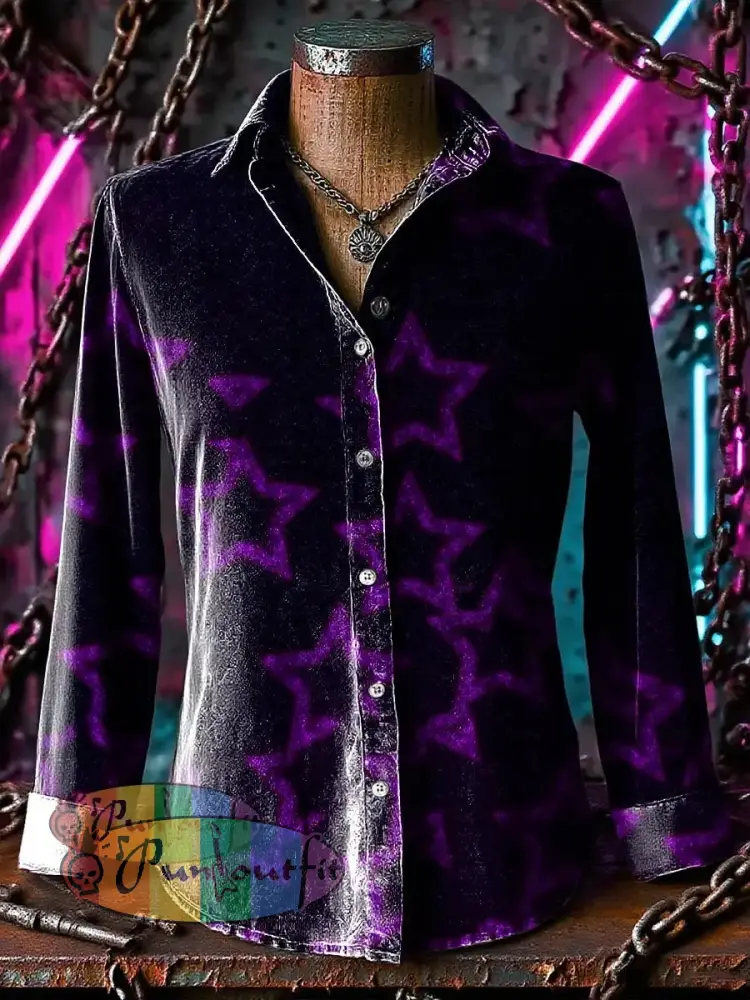 Retro Punk Purple Chaos Star Abstract Print Casual Long Sleeve Shirt Purple / S