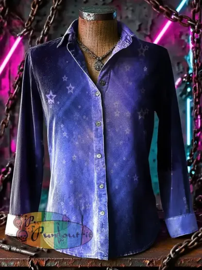 Retro Punk Purple Chaos Star Gradient Lines Abstract Print Casual Long Sleeve Shirt Purple / S
