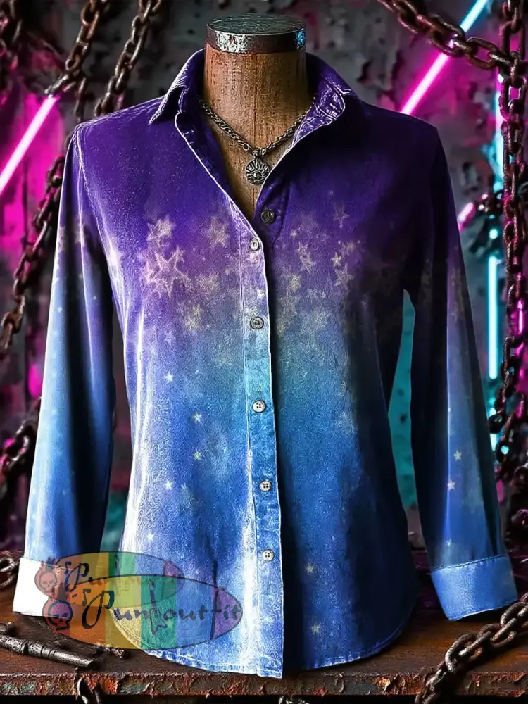 Retro Punk Purple Chaos Star Multicolor Gradient Abstract Print Casual Long Sleeve Shirt Purple / S