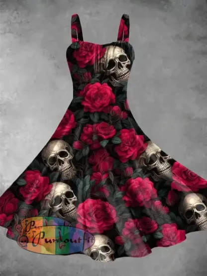 Retro Rose Skull Print Backless Dress Picture Color / S Dress