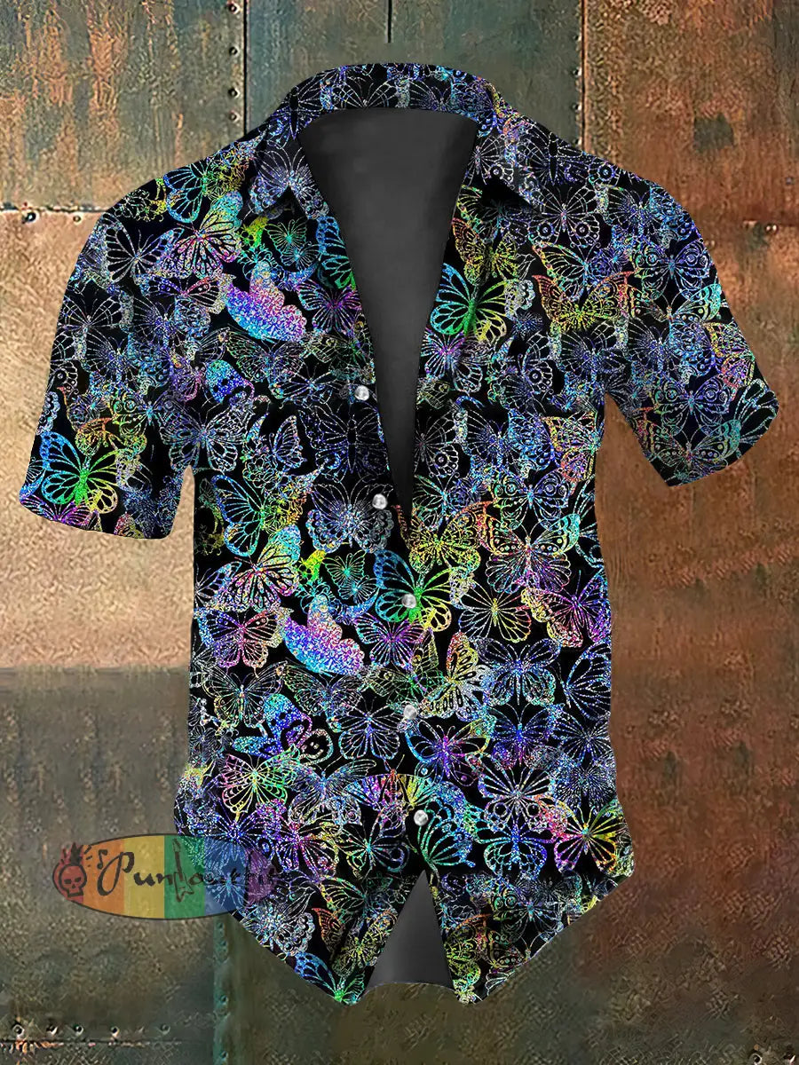 Retro Stage Gothic Multicolored Butterfly Abstract Print Casual Cotton Short Sleeve Shirt Black / S
