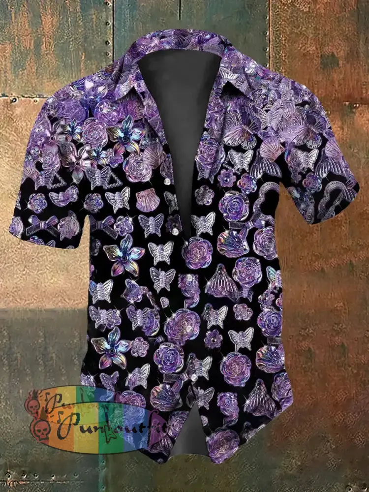 Retro Stage Gothic Purple 3D Butterfly Flowers Abstract Print Casual Cotton Short Sleeve Shirt Purple / S