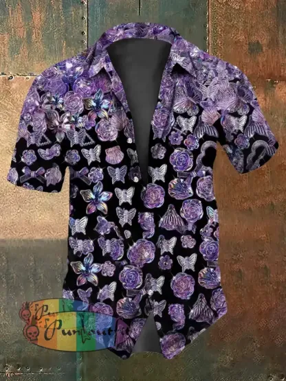 Retro Stage Gothic Purple 3D Butterfly Flowers Abstract Print Casual Cotton Short Sleeve Shirt Purple / S