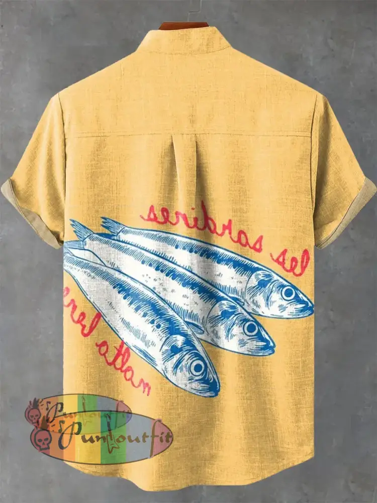 Sardines Fish Vintage Art Print Casual 100% Cotton Shirt GEOMETRIC ART DESIGN