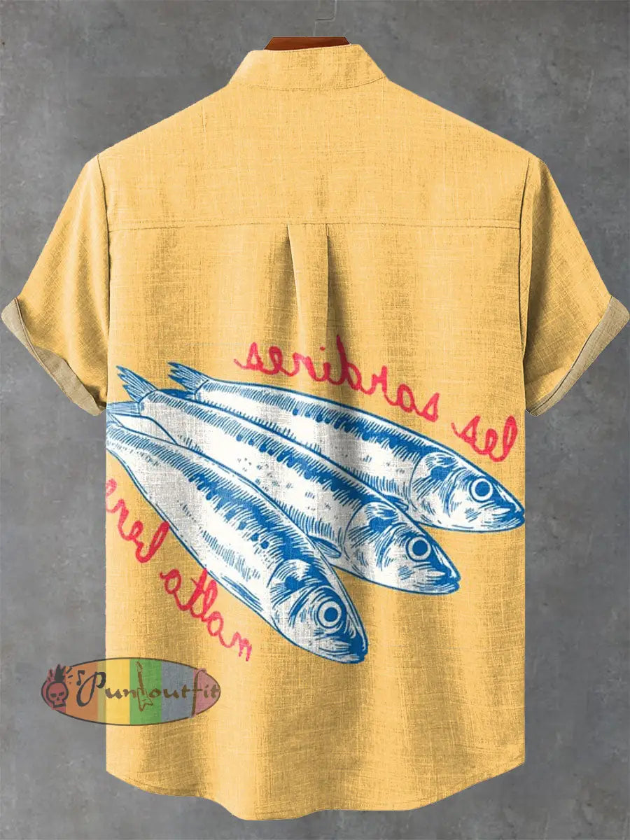 Sardines Fish Vintage Art Print Casual 100% Cotton Shirt GEOMETRIC ART DESIGN